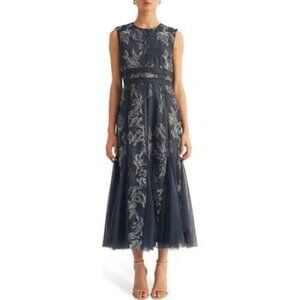 Arose Studio Blue Serenity Floral Jacquard Godet Pleat Midi Dress